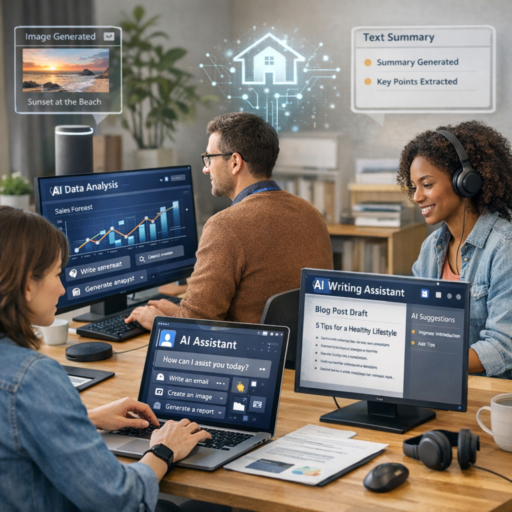 Personnes travaillant sur ordinateur avec une interface d’IA, illustrant l’usage de l’intelligence artificielle au quotidien
